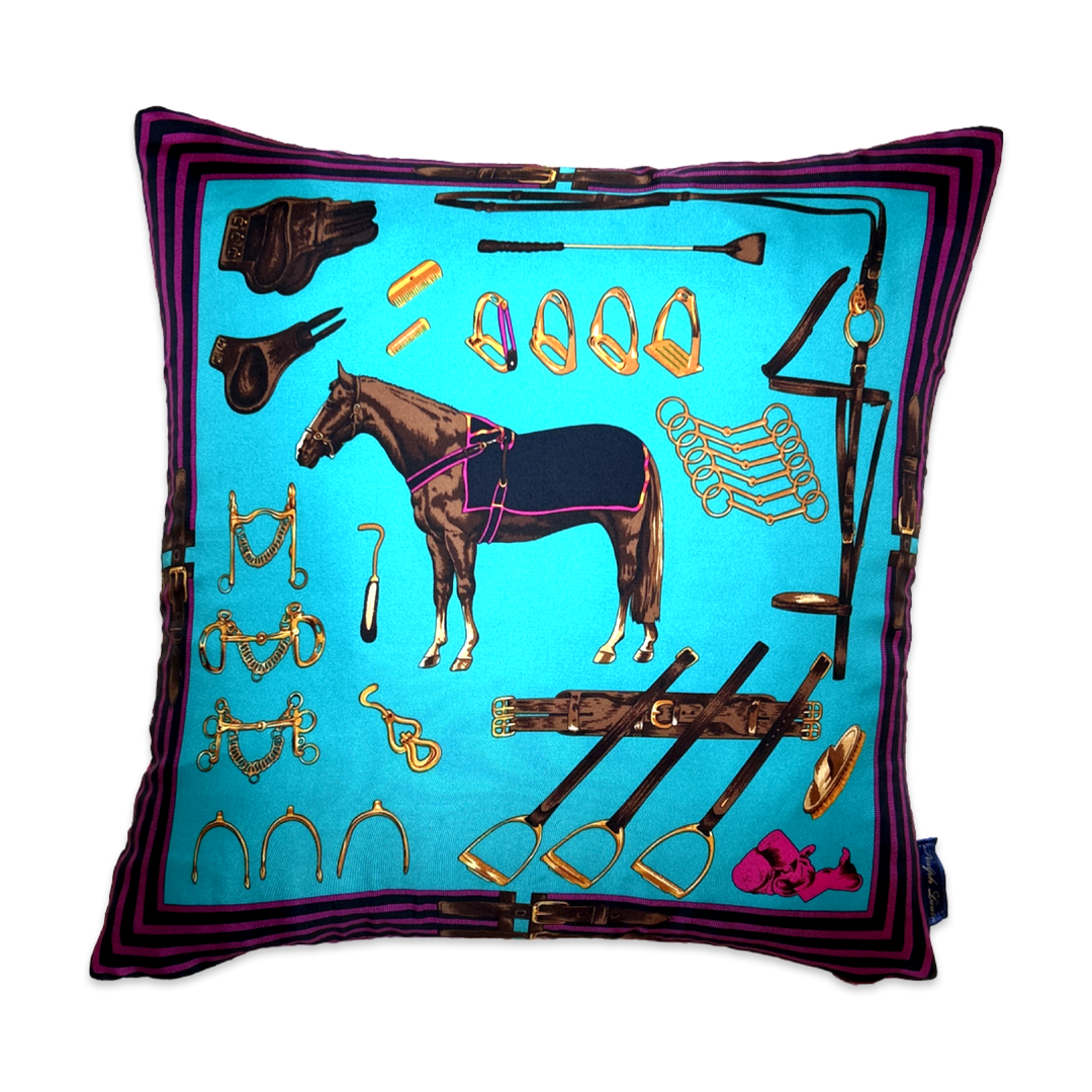 Vintage Ralph Lauren Pillow Equestrian Turquoise Vintage Silk Scarf Pillow 20" at Vintage Luxe Up