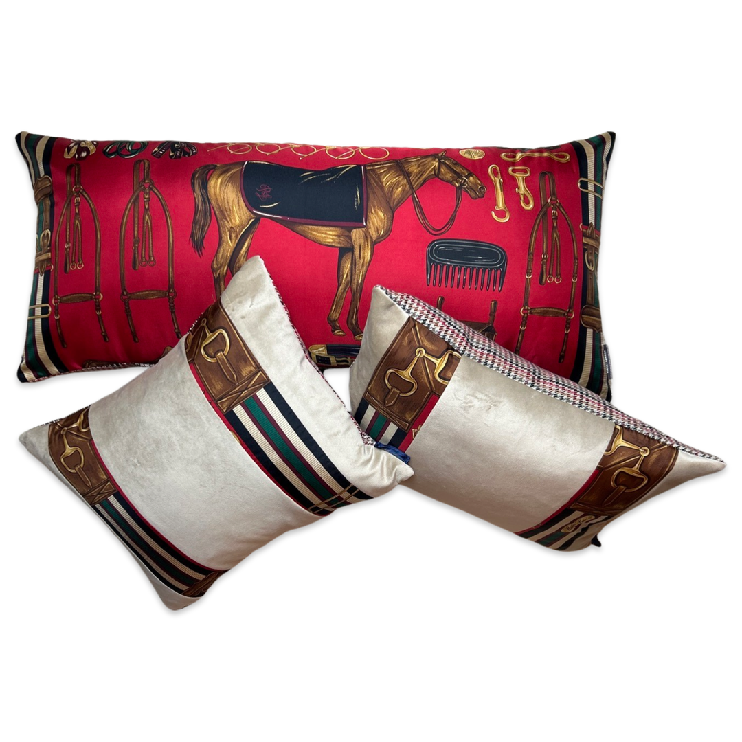 Vintage Ralph Lauren Pillow Equestrian Red Vintage Silk Scarf Pillows at Vintage Luxe Up