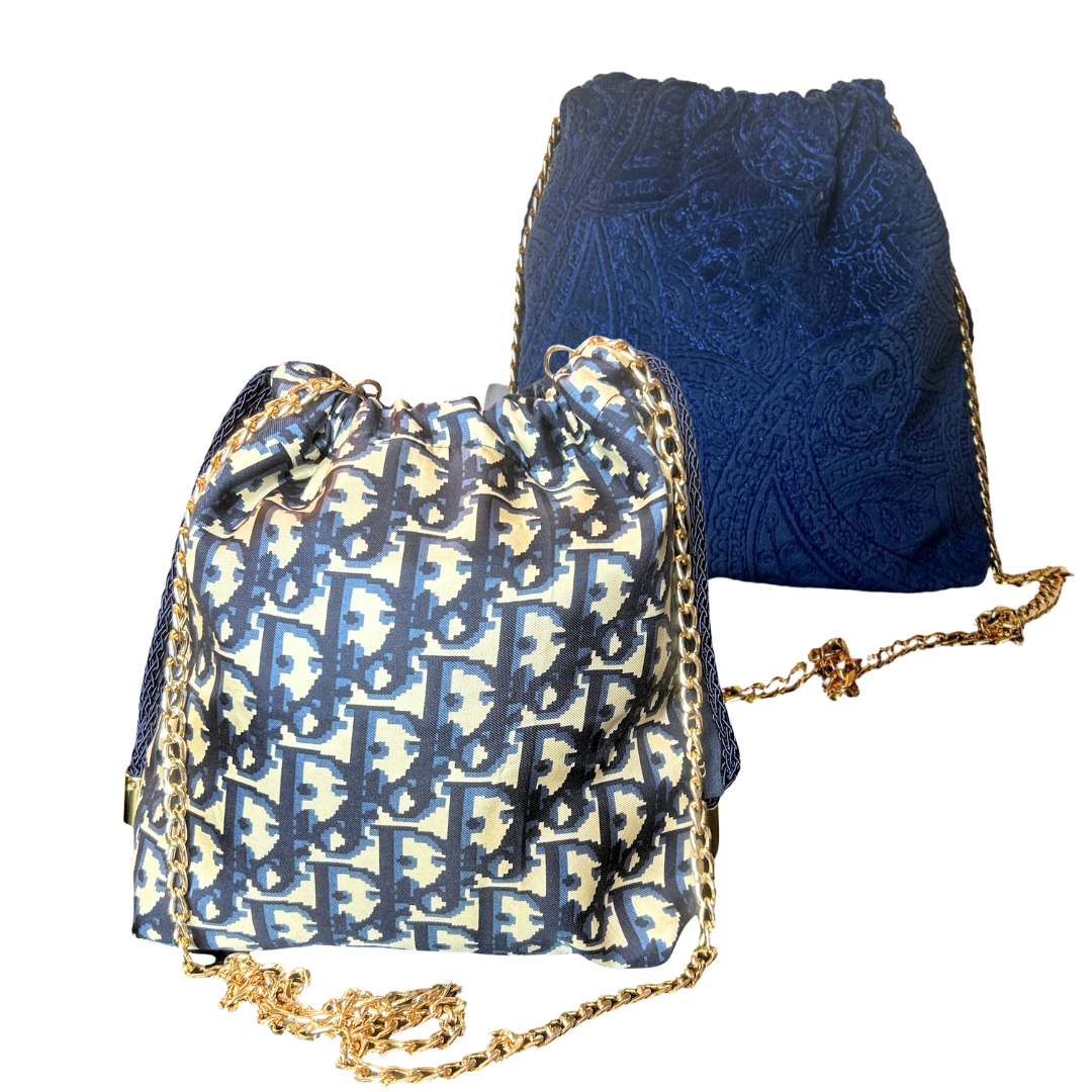 Trotter Blue Vintage Scarf Drawstring Crossbody Bag