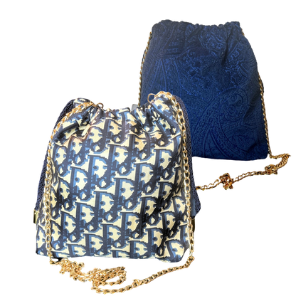 Trotter Blue Vintage Scarf Drawstring Crossbody Bag