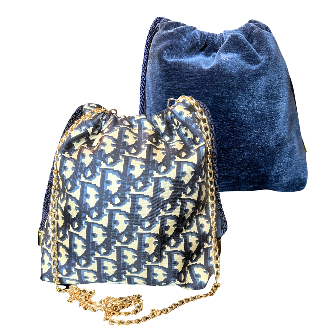 Trotter Blue Vintage Scarf Drawstring Crossbody Bag