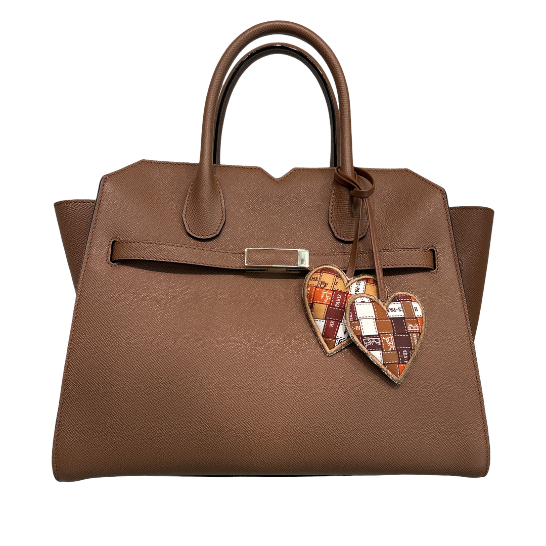Trotter Brown Vintage Silk Scarf Double Heart Bag Charm