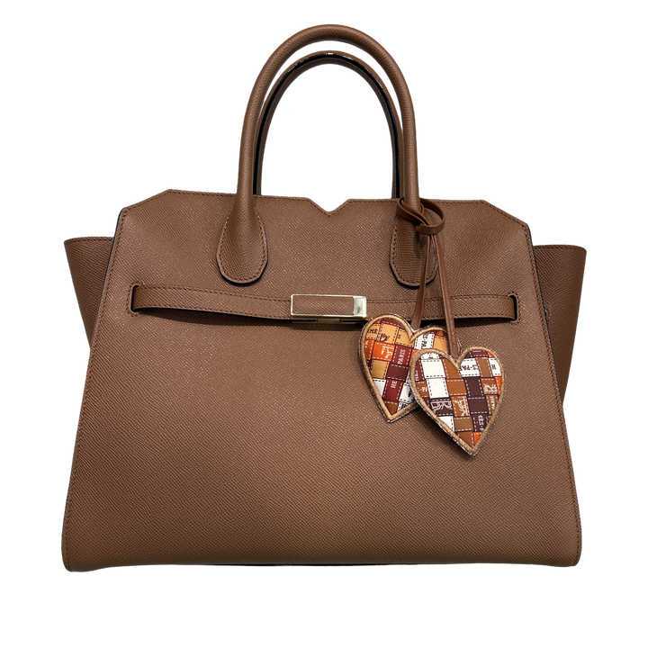 Trotter Brown Vintage Silk Scarf Double Heart Bag Charm